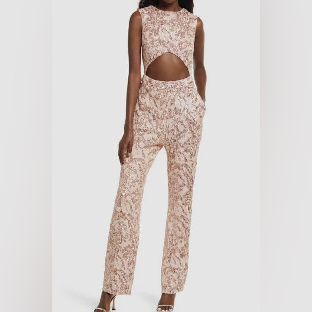 NWT! SHO by Tadashi Shoji Blush Sleeveless Sequin Cutout Jumpsuit Size 12
